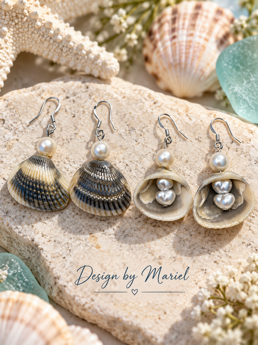 Striped Seashell Earrings with Pearls, Coastal Jewelry, Beach Earrings, Ocean Lover Gift, Handmade Shell Dangle Earrings