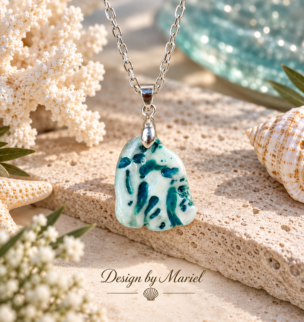 Gulf Coast Shell Necklace with Turquoise Inlay, Handmade Beach Jewelry, Sea Shell Pendant, Coastal Jewelry