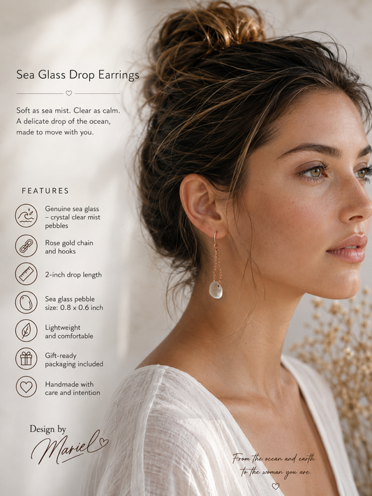 Crystal Clear Sea Glass Earrings, Rose Gold Drop, Minimalist Beach Jewelry, Handmade