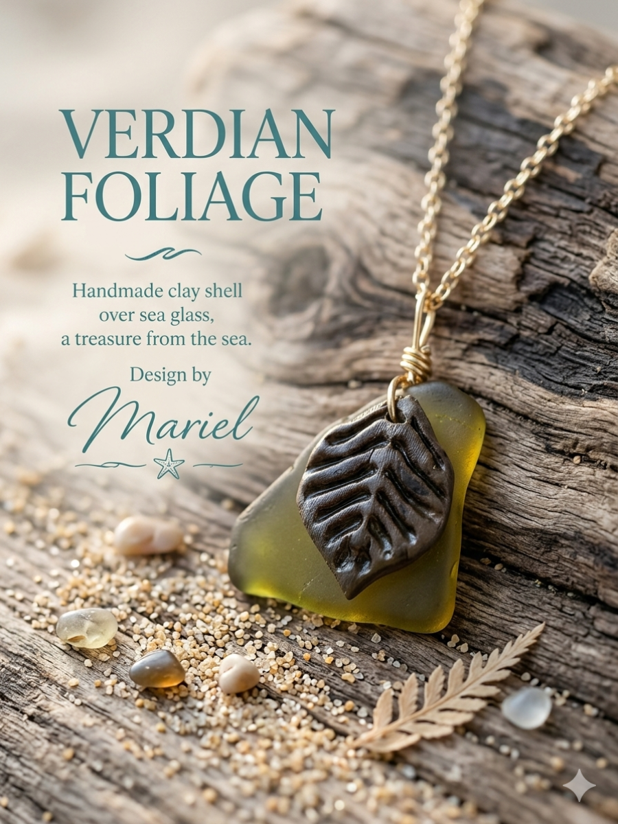 Necklace with leaf-shaped pendant on sea glass, set against a wooden background with 'Verdian Foliage' branding.