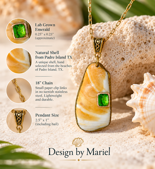 Shell Necklace with Lab-Grown Emerald, Gold Paperclip Chain, Texas Coastal Jewelry, One of a Kind Pendant