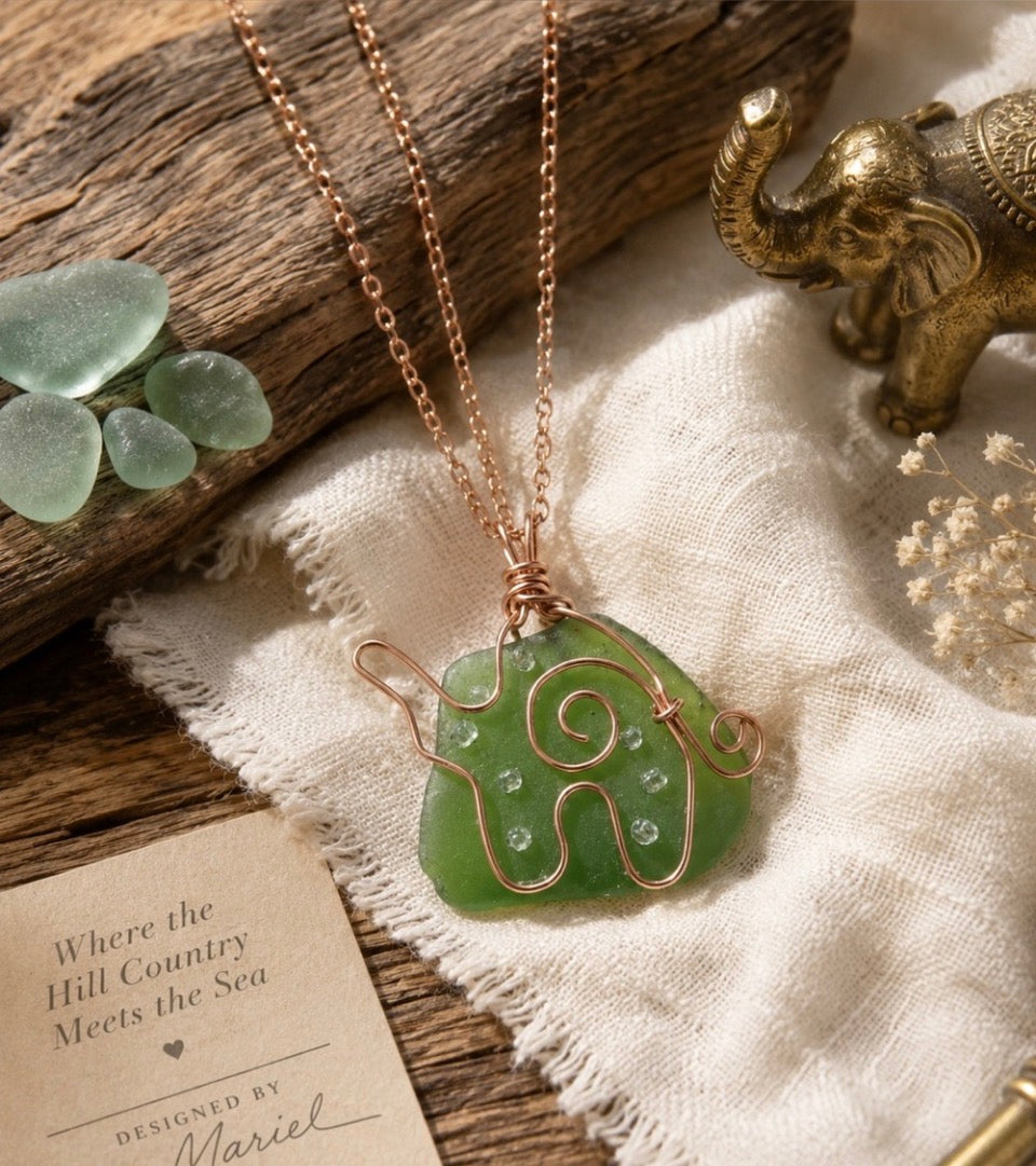 Handmade Elephant Pendant Necklace - Rose Gold Wire Wrapped Glass