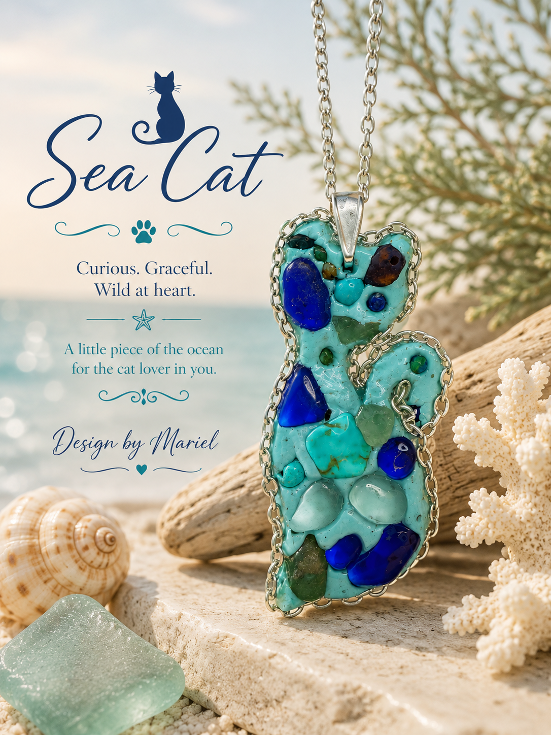 Handcrafted Sea Cat Clay Pendant Necklace | Coastal Cat Jewelry