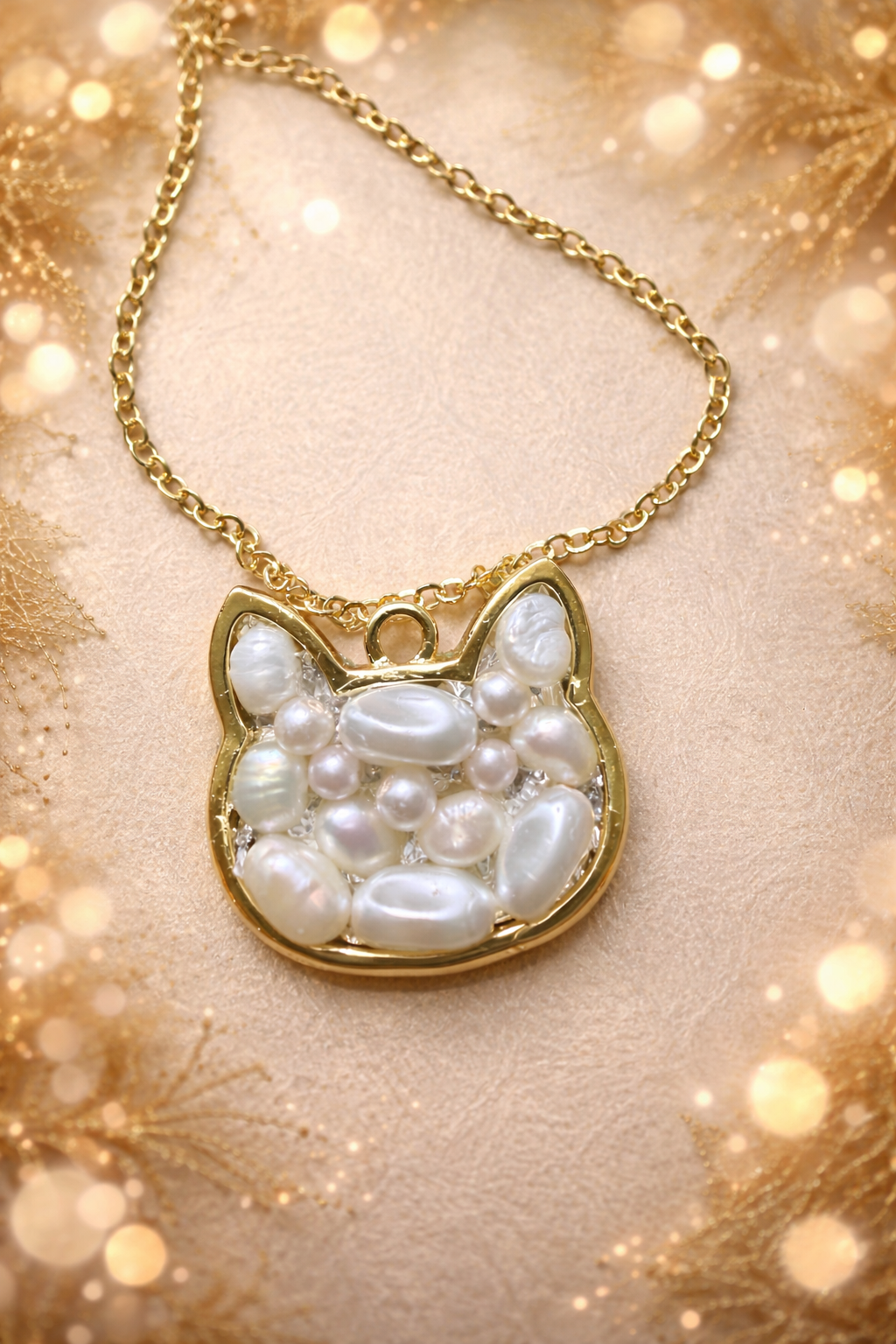 Cat Pendant Necklace with Pearls - Rose Gold Cat Jewelry, Handmade Beaded
