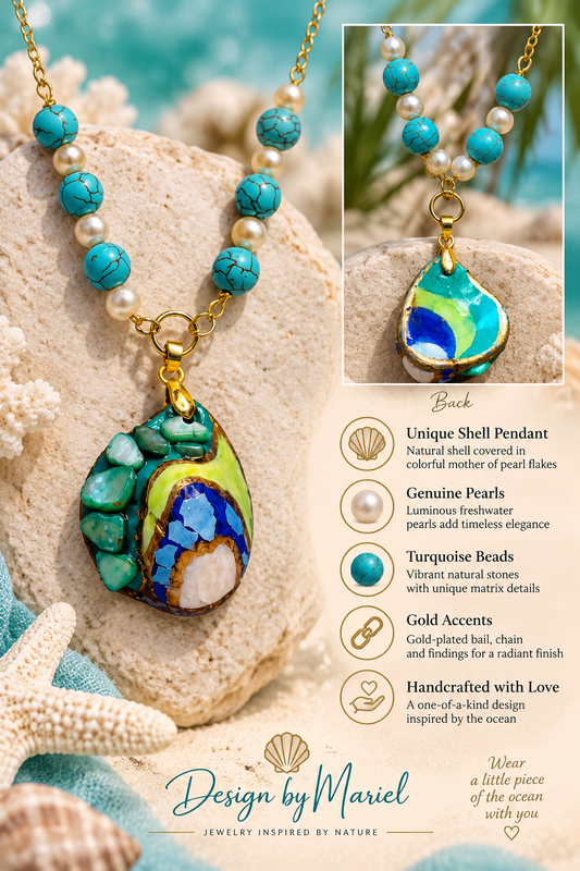 Turquoise Pearl Statement Necklace, Handmade Shell Pendant, Mother of Pearl, Ocean Inspired Jewelry, Boho Coastal Necklace, Design by Mariel