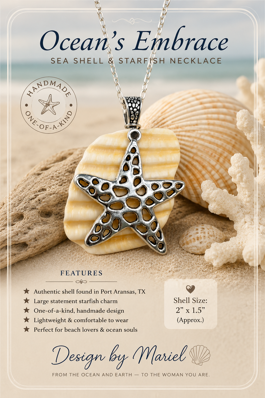 Ocean’s Embrace Sea Shell & Starfish Necklace | Handmade One-of-a-Kind Coastal Jewelry | Port Aransas Shell Pendant