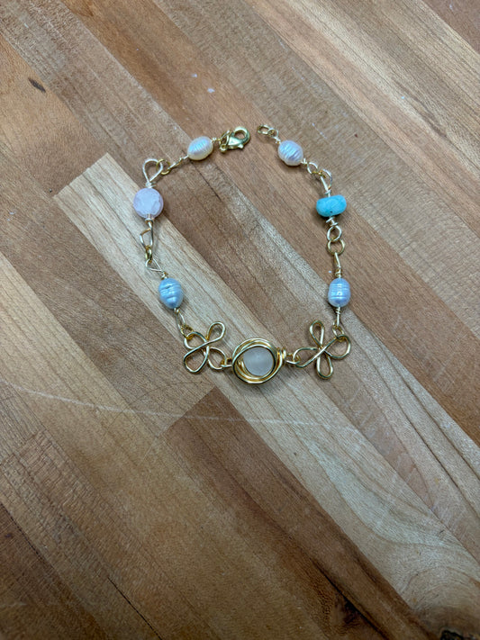 Pearls & Blue Quartz Bracelet | Pink Glass Beads | Handmade Gold Plated
