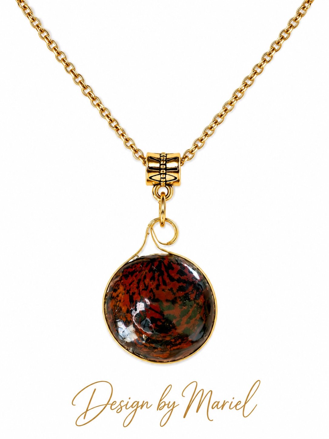 Maui Shell Necklace, Round Marbled Pendant, Gold-Tone Stainless Steel Chain, Ocean-Inspired Artisan Jewelry