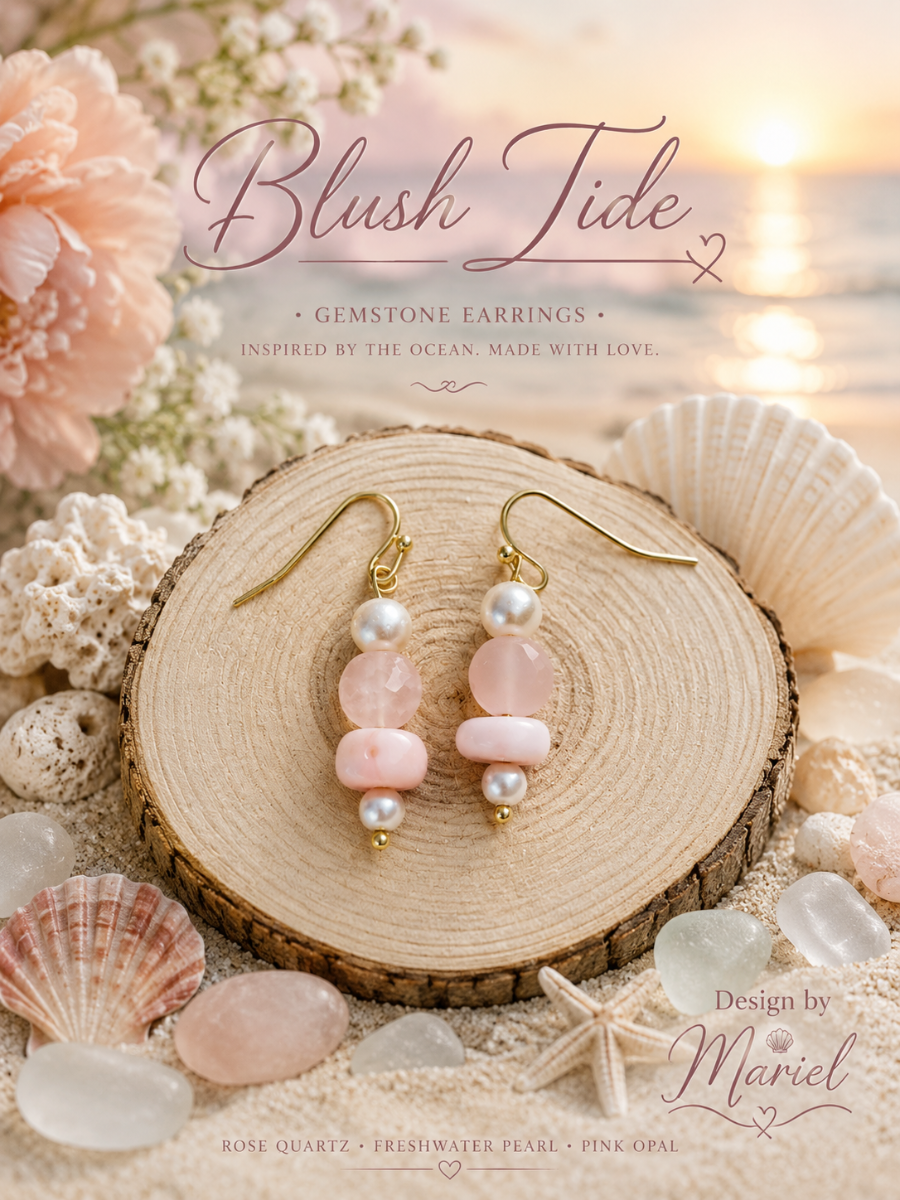 Gold and gemstone earrings on a wooden slice with seashells and flowers, labeled 'Blush Tide'.