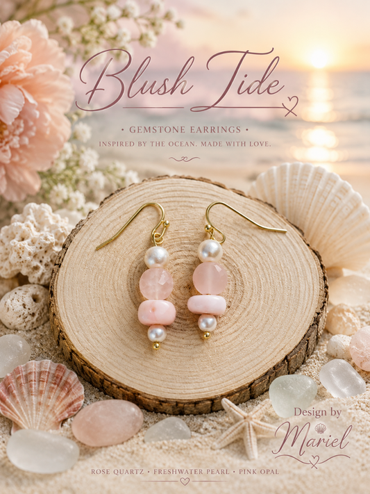Gold and gemstone earrings on a wooden slice with seashells and flowers, labeled 'Blush Tide'.