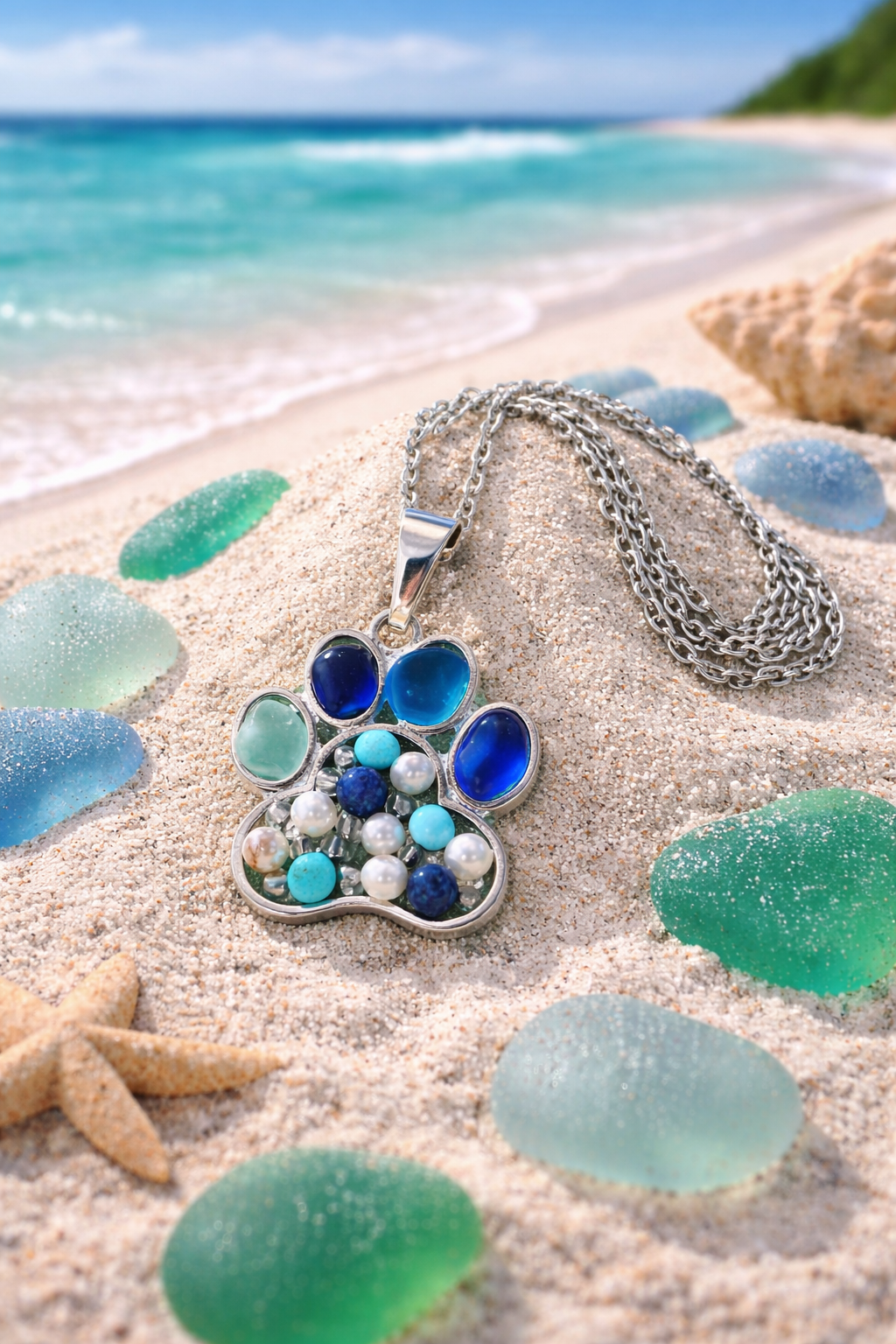 Silver Paw Print Necklace with Sea Glass, Turquoise & Pearls.