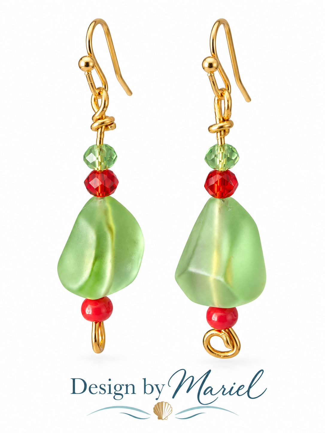 Christmas Red and Green Dangle Earrings, Sea Glass Style Holiday Jewelry, Gold Tone Handmade Earrings, Festive Christmas Gift for Her