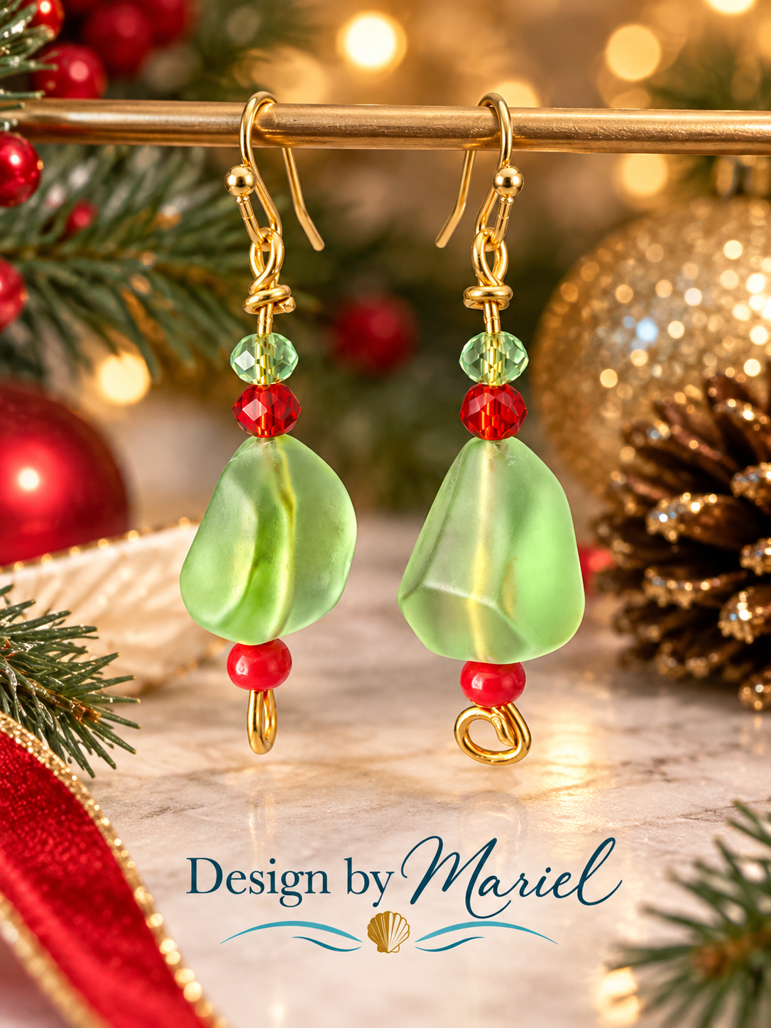 Christmas Red and Green Dangle Earrings, Sea Glass Style Holiday Jewelry, Gold Tone Handmade Earrings, Festive Christmas Gift for Her