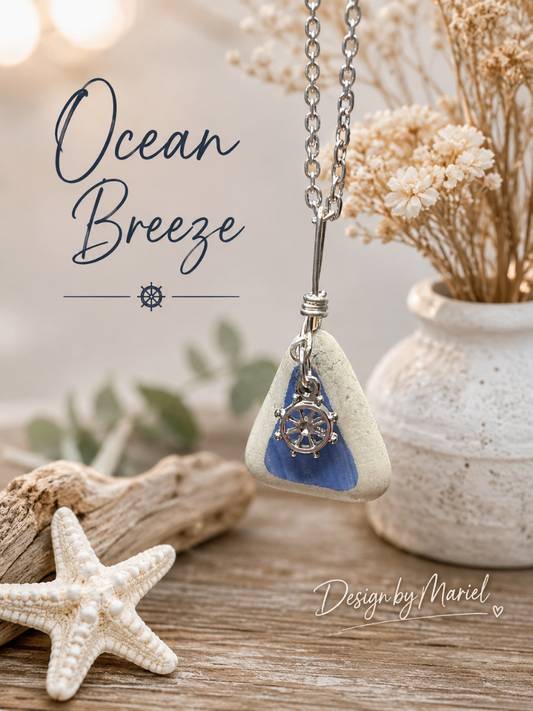 Necklace with a triangular pendant featuring blue and white colors, placed on a wooden surface with decorative elements.