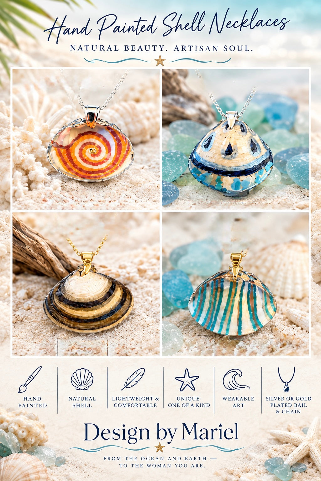 Promotional graphic for hand-painted shell necklaces by Design by Mariel, showing four different shell pendant necklaces on a sandy beach-themed background with text highlighting natural beauty, artisan soul, and product features.