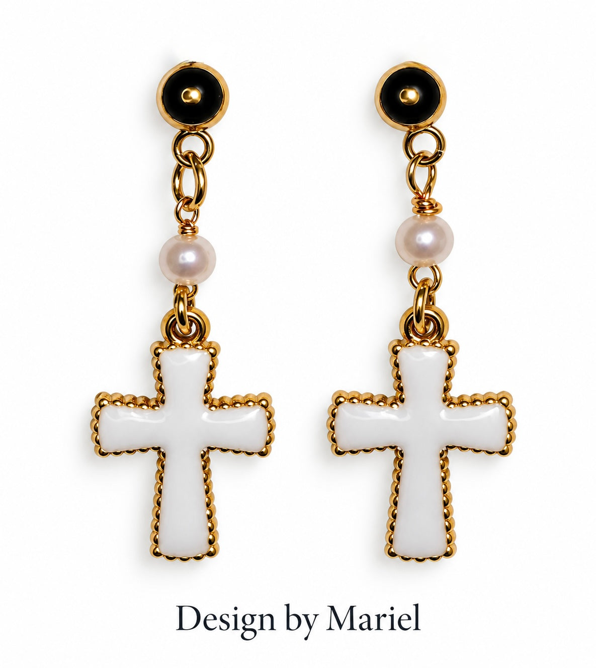 White Enamel Cross & Pearl Earrings