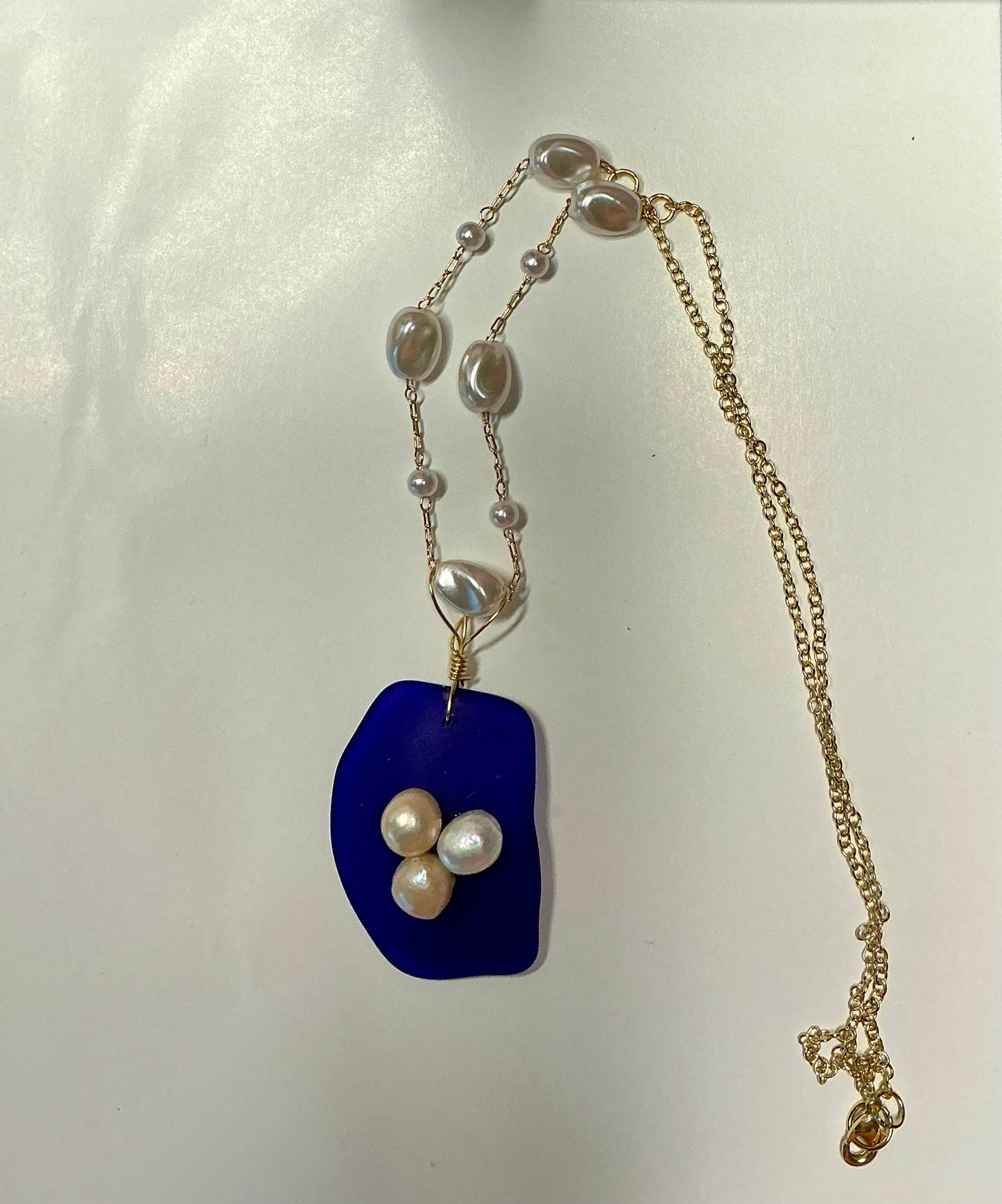 Cobalt Blue Sea Glass Necklace with Freshwater Pearls, Gold Chain, Ocean Inspired Jewelry, Handmade Coastal Necklace, One of a Kind