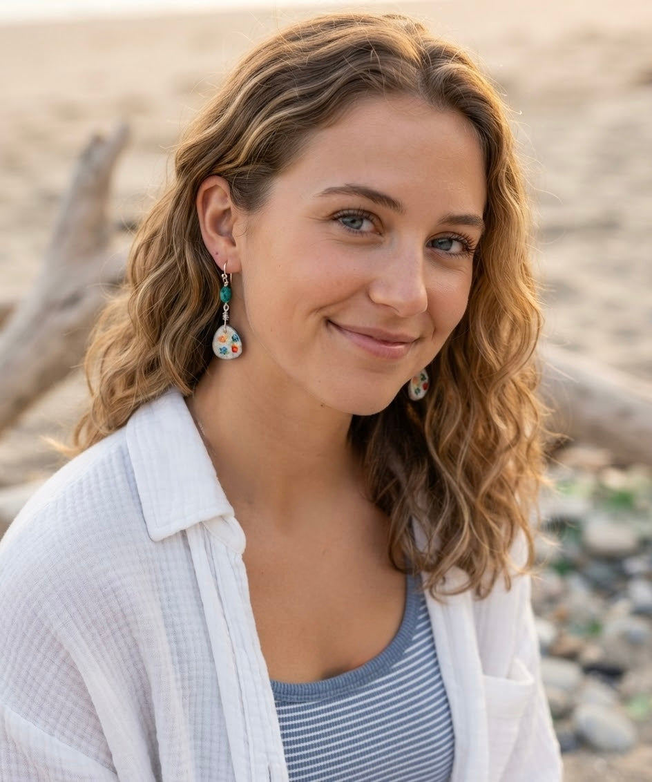 Hand Painted Ceramic Flower Earrings with Real Turquoise Beads, Coastal Artisan Jewelry, Hypoallergenic Earrings, One of a Kind Gift