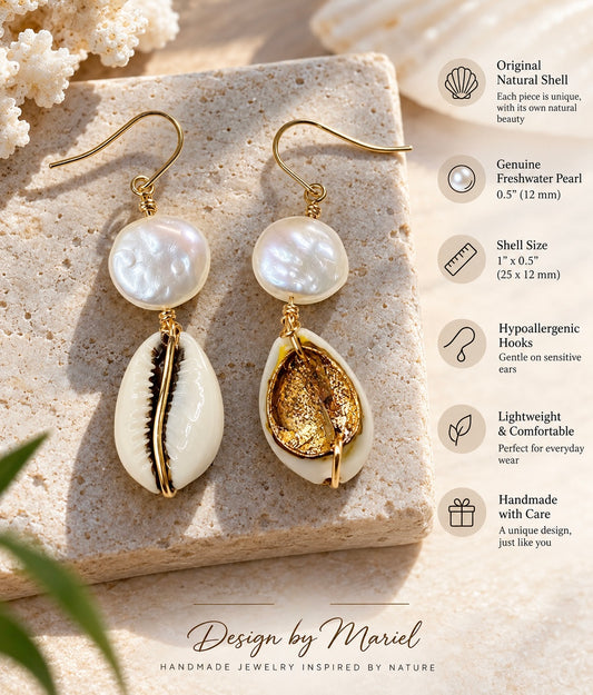 Baroque Freshwater Pearl & Cowrie Shell Earrings | Handmade Coastal Jewelry