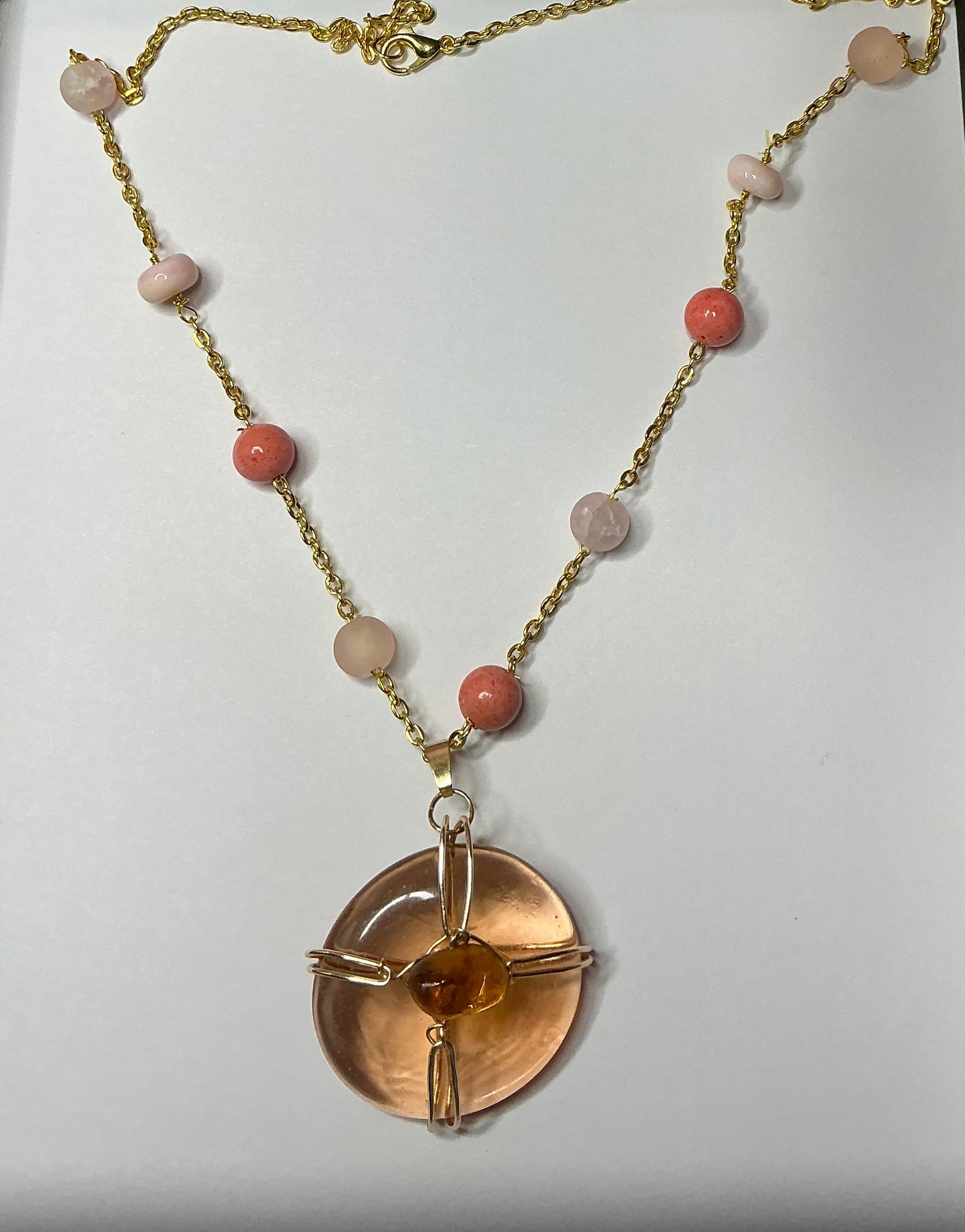 Pink & Coral Beaded Necklace, Handmade Artisan Pendant, Gold Tone Jewelry