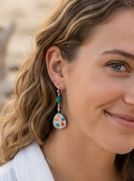 Hand Painted Ceramic Flower Earrings with Real Turquoise Beads, Coastal Artisan Jewelry, Hypoallergenic Earrings, One of a Kind Gift