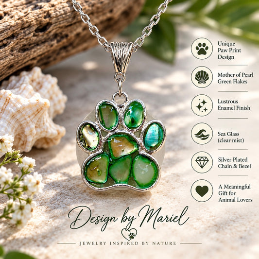 Paw Print Necklace, Green Mother of Pearl Paw Pendant, Pet Lover Gift, Animal Lover Jewelry, Silver Plated Necklace, Meaningful Gift