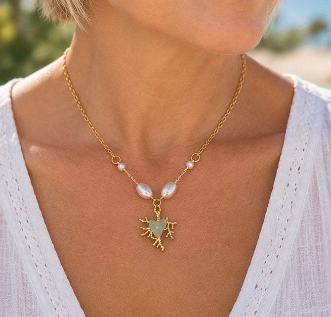 Maui Sea Glass Heart Necklace with Freshwater Pearls, Gold Coral Branch Pendant