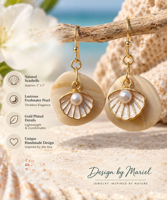Shell Pearl Earrings, Ocean Inspired Earrings, Coastal Beach charms Earrings, Sea Lover Gift, Handmade Jewelry