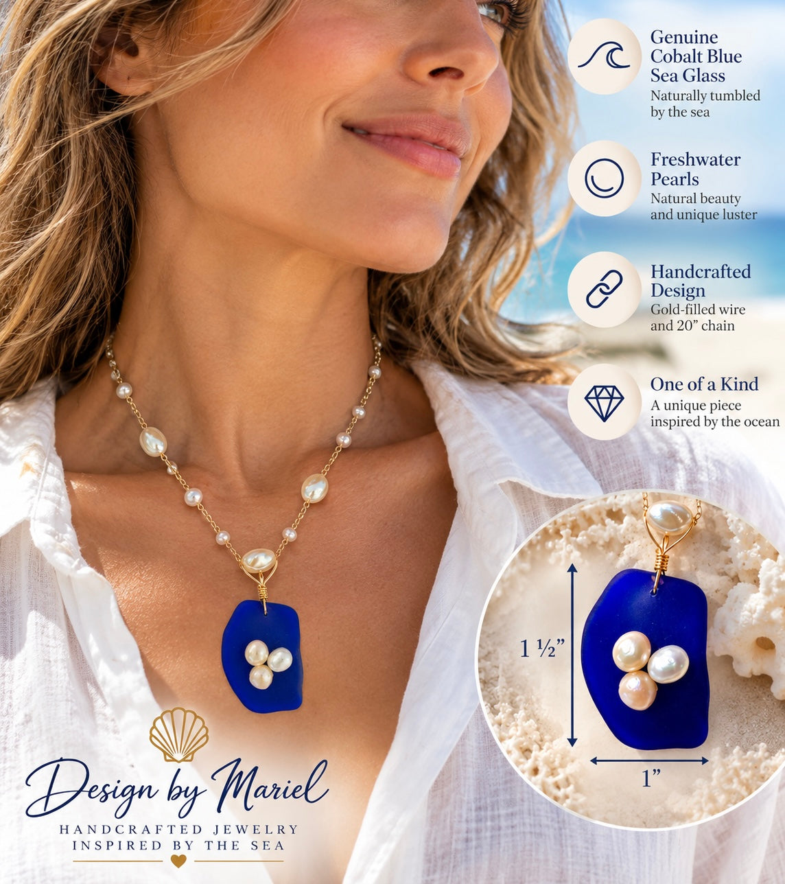 Cobalt Blue Sea Glass Necklace with Freshwater Pearls, Gold Chain, Ocean Inspired Jewelry, Handmade Coastal Necklace, One of a Kind