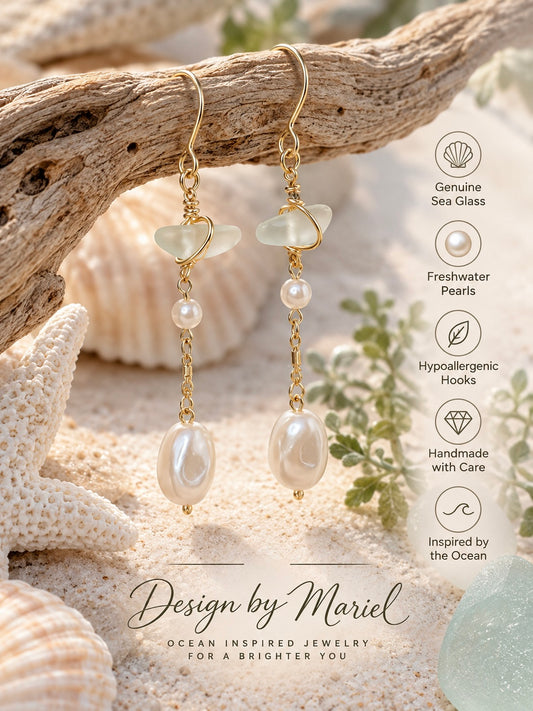 Sea Glass Pearl Earrings, Clear Mist Sea Glass & Freshwater Pearl Earrings, Coastal Jewelry, Beach Jewelry, Ocean Inspired Gift