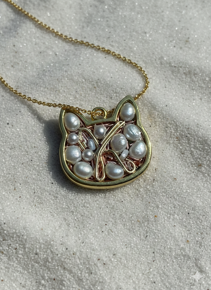 Cat Pendant Necklace with Pearls -  Gold Cat Jewelry, Handmade Beaded