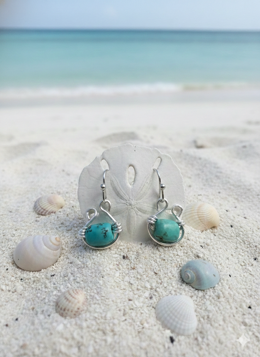 Turquoise Drop Earrings in Silver Plated Wire - Handmade Beach Inspired
