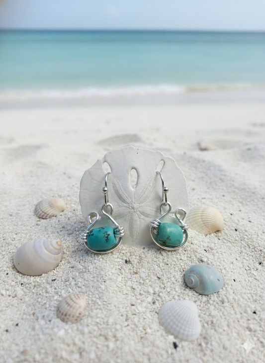 Turquoise Drop Earrings in Silver Plated Wire - Handmade Beach Inspired