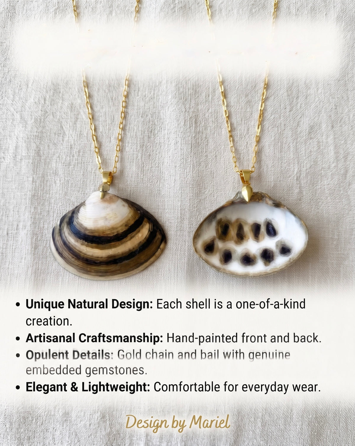 Two handmade bivalve shell pendant necklaces on gold chains, displayed against a textured light beige fabric background with descriptive text detailing the unique natural designs, artisan craftsmanship, and opulent details.