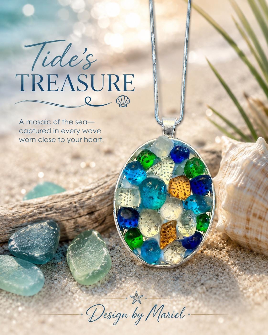 Ocean Mosaic Sea Glass Pendant Necklace - Handmade Coastal Jewelry