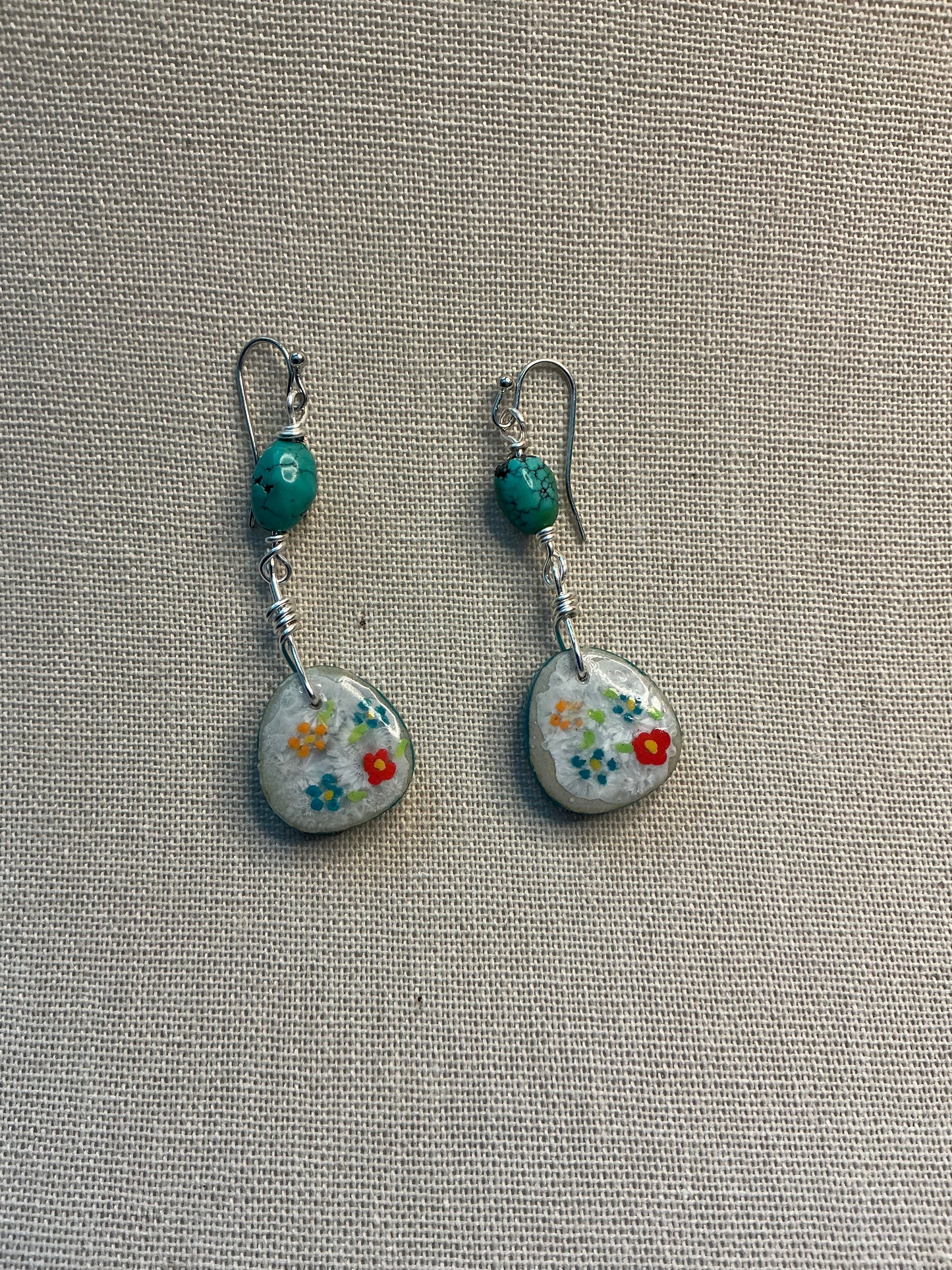Hand Painted Ceramic Flower Earrings with Real Turquoise Beads, Coastal Artisan Jewelry, Hypoallergenic Earrings, One of a Kind Gift