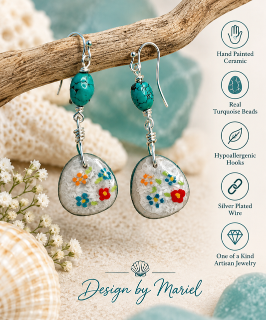 Hand Painted Ceramic Flower Earrings with Real Turquoise Beads, Coastal Artisan Jewelry, Hypoallergenic Earrings, One of a Kind Gift