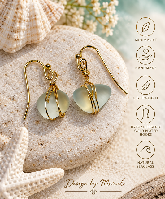 Clear Mist Sea Glass Earrings, Gold Wire Wrapped Earrings, Minimalist Coastal Jewelry, Lightweight Handmade Earrings
