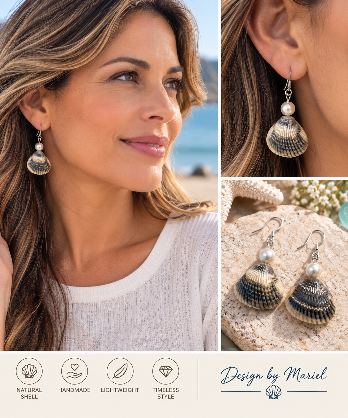 Striped Seashell Earrings with Pearls, Coastal Jewelry, Beach Earrings, Ocean Lover Gift, Handmade Shell Dangle Earrings