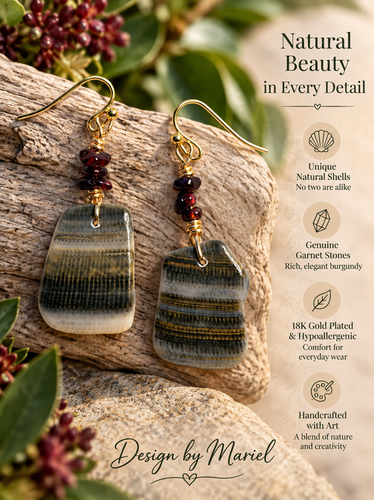 Gray Shell Garnet Earrings, Natural Shell Dangle Earrings, Burgundy Garnet Jewelry, 18K Gold Plated Hypoallergenic Earrings
