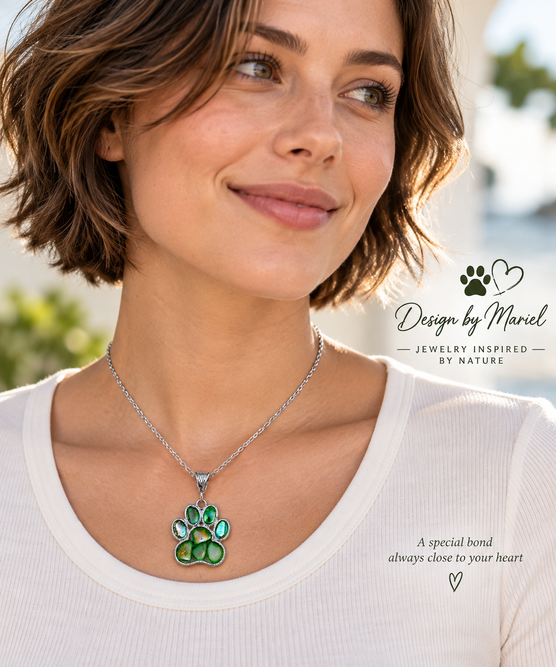 Paw Print Necklace, Green Mother of Pearl Paw Pendant, Pet Lover Gift, Animal Lover Jewelry, Silver Plated Necklace, Meaningful Gift
