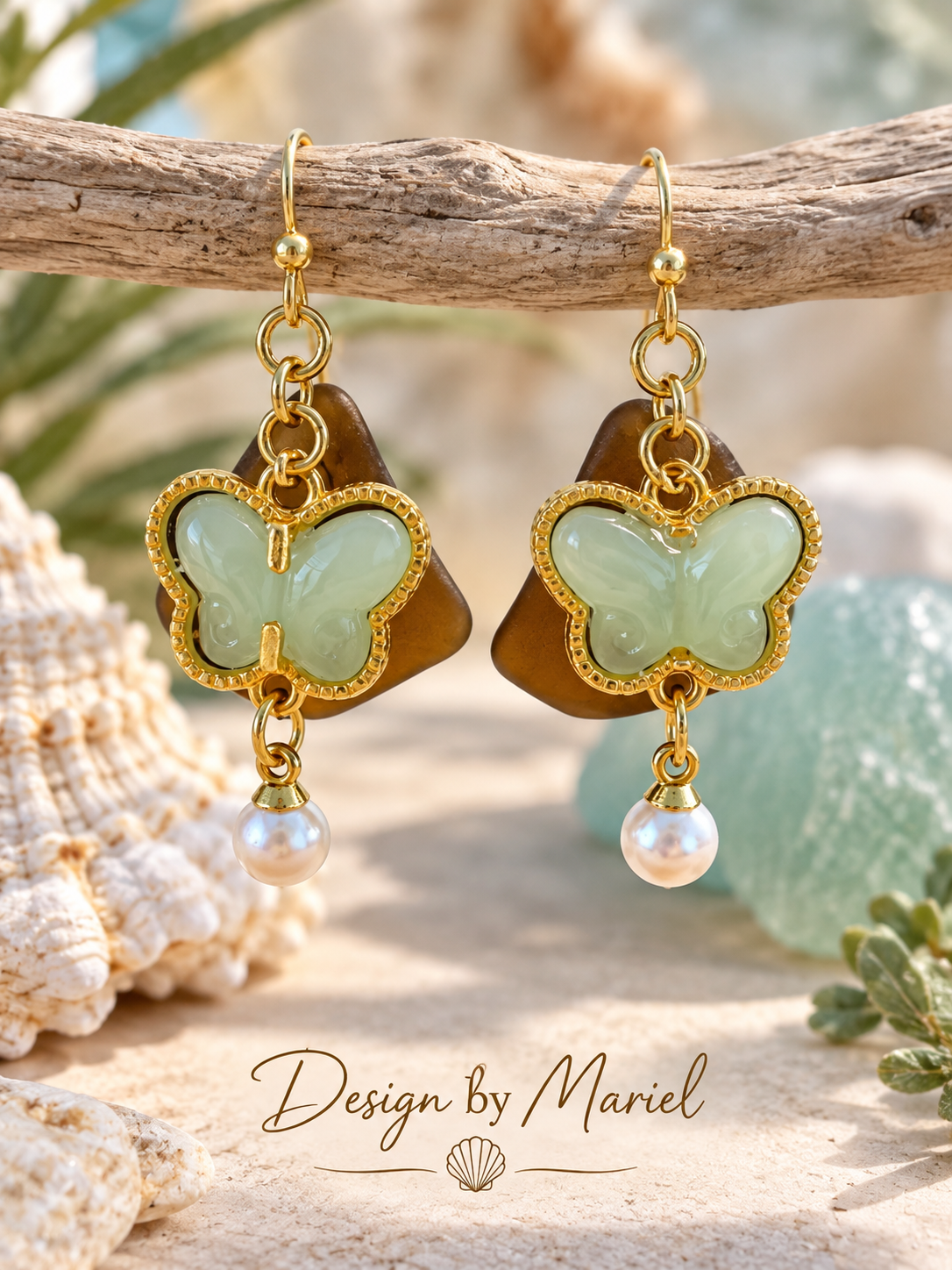 Mint Green Butterfly Earrings, on Amber Sea Glass, Pearl Dangle Earrings, Gold Butterfly Jewelry, Elegant Nature Inspired Gift
