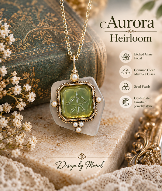 Aurora Heirloom Victorian Style Intaglio Necklace, Etched Green over Sea Glass