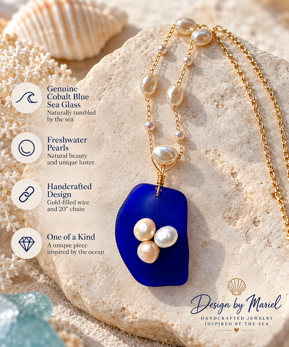 Cobalt Blue Sea Glass Necklace with Freshwater Pearls, Gold Chain, Ocean Inspired Jewelry, Handmade Coastal Necklace, One of a Kind