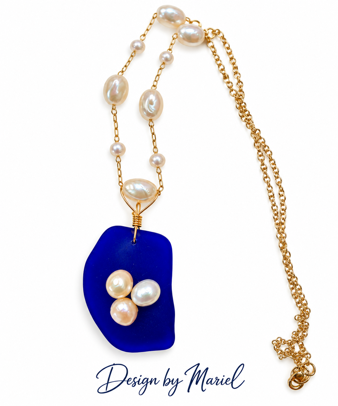 Cobalt Blue Sea Glass Necklace with Freshwater Pearls, Gold Chain, Ocean Inspired Jewelry, Handmade Coastal Necklace, One of a Kind