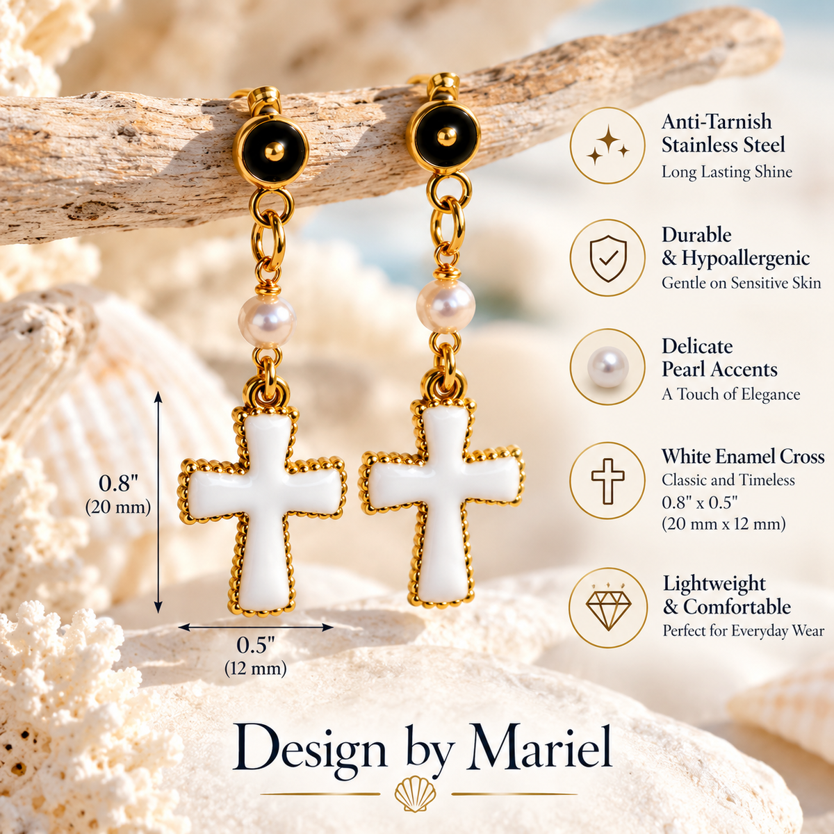 White Enamel Cross & Pearl Earrings