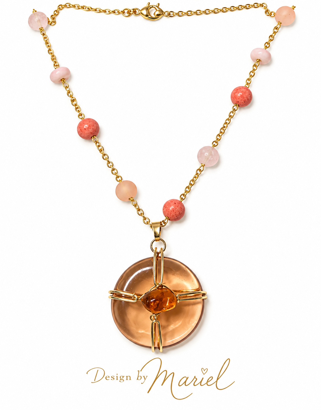 Pink & Coral Beaded Necklace, Handmade Artisan Pendant, Gold Tone Jewelry