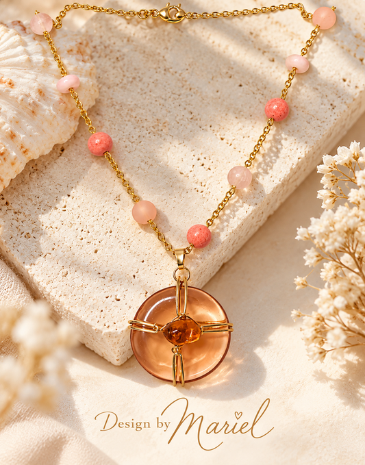 Pink & Coral Beaded Necklace, Handmade Artisan Pendant, Gold Tone Jewelry