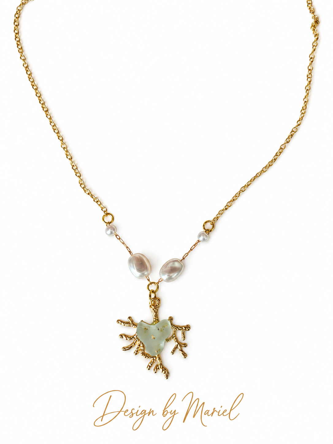 Maui Sea Glass Heart Necklace with Freshwater Pearls, Gold Coral Branch Pendant