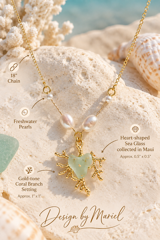 Maui Sea Glass Heart Necklace with Freshwater Pearls, Gold Coral Branch Pendant